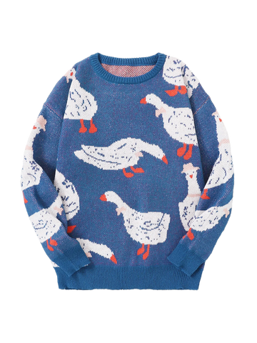 New Popular Autumn Winter Cute Duck Jacquard Pattern Pullover Sweater Casual Round Neck Contrast Color Knitted Men's Pullover